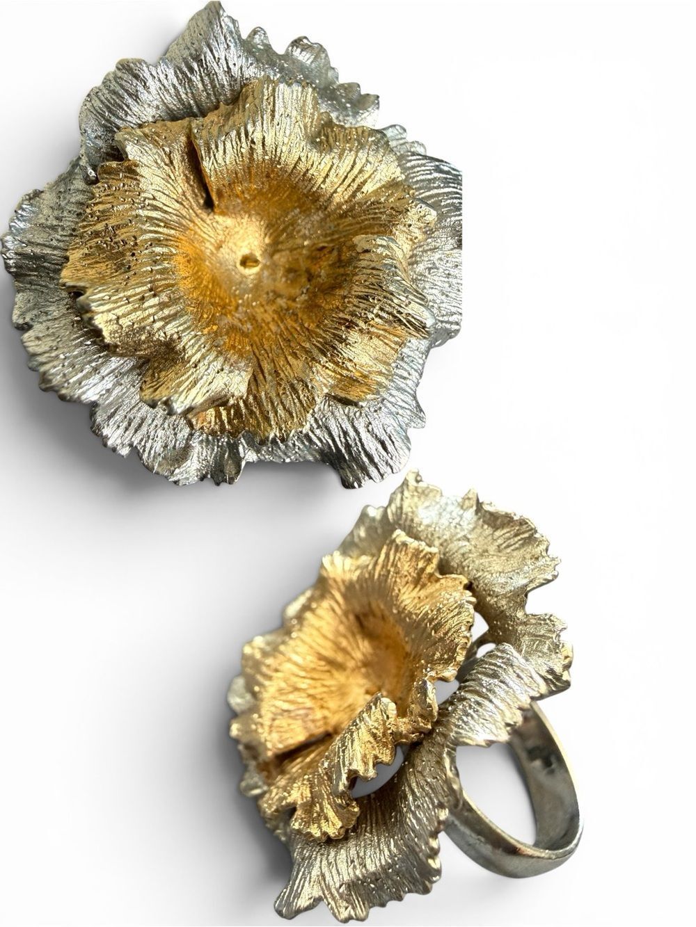 Dyadema Italy 925 Sterling Silver Floral Statement Ring Two-Tone Designer Rare